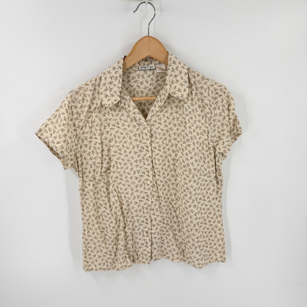 Vintage Jennifer & Grace Button Front Tan Floral Large Cottagecore Top Neutral